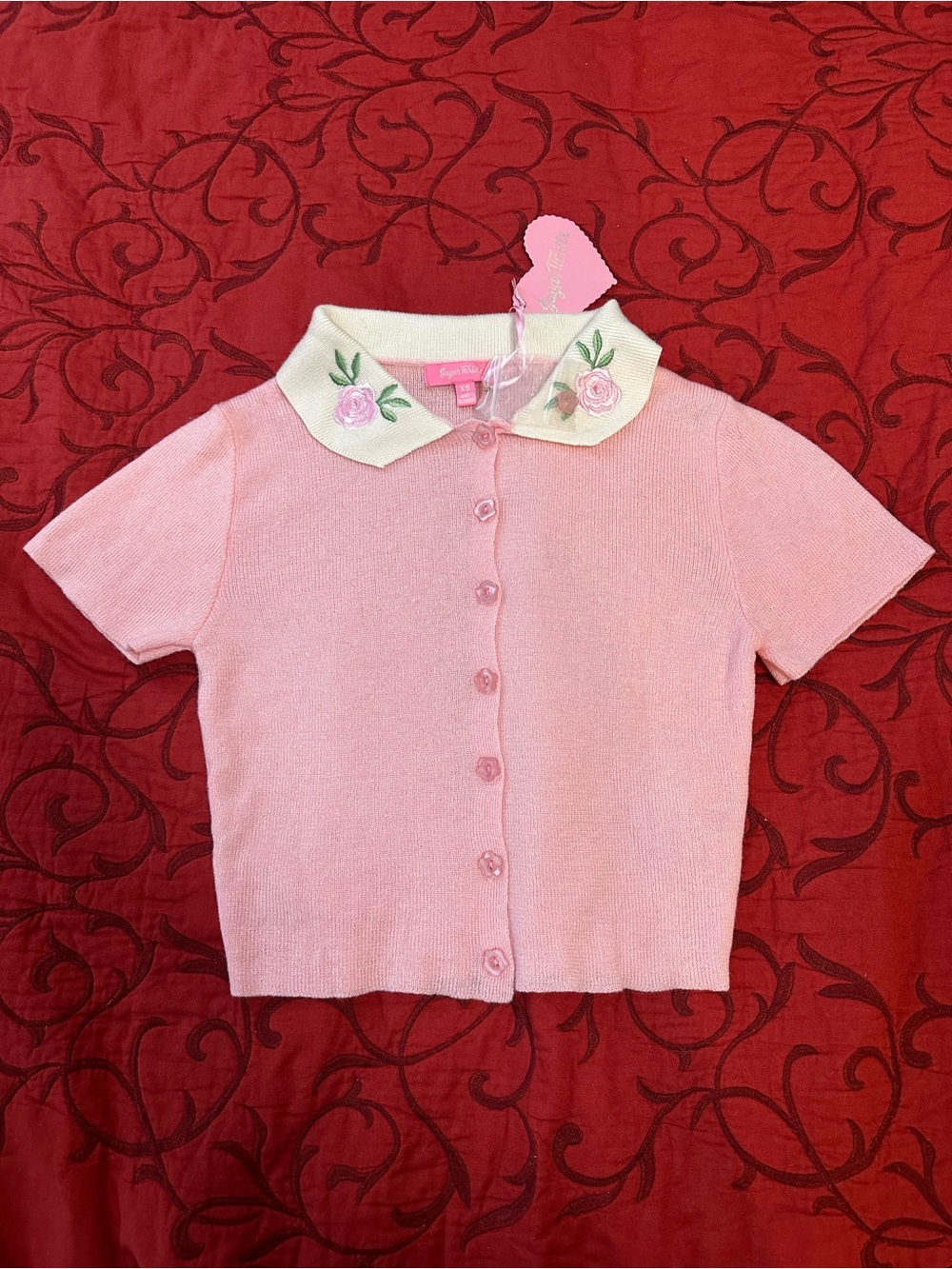 Sugar Thrillz Pink Knit Button-Front Top with Embroidered Cream Collar